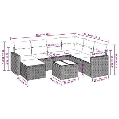 8 pcs conjunto sofás de jardim c/ almofadões vime PE cinzento