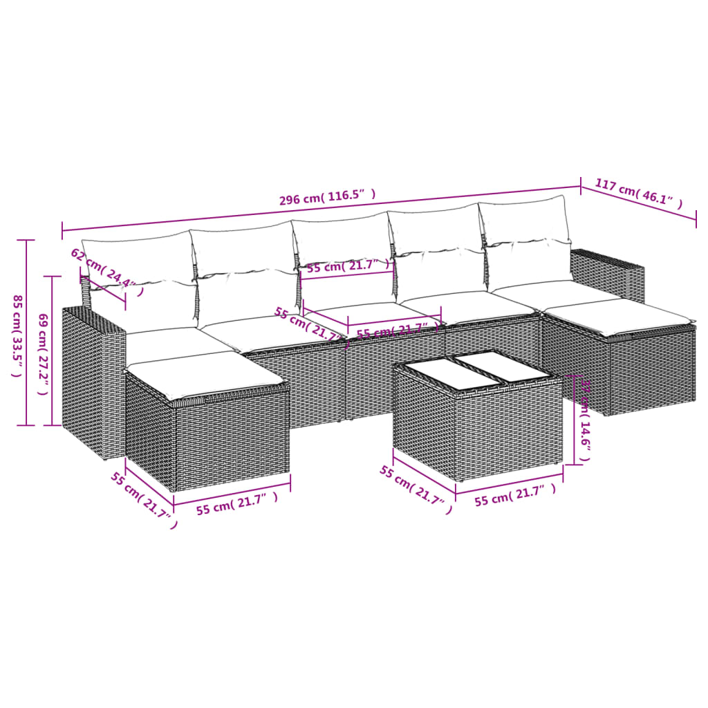 8 pcs conjunto sofás de jardim c/ almofadões vime PE cinzento