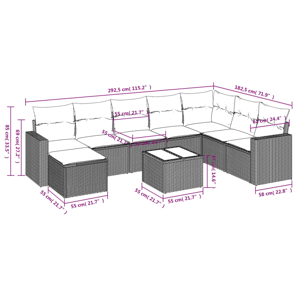 9 pcs conjunto de sofás p/ jardim com almofadões vime PE bege