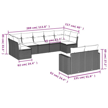 9 pcs conjunto de sofás p/ jardim c/ almofadões vime PE preto