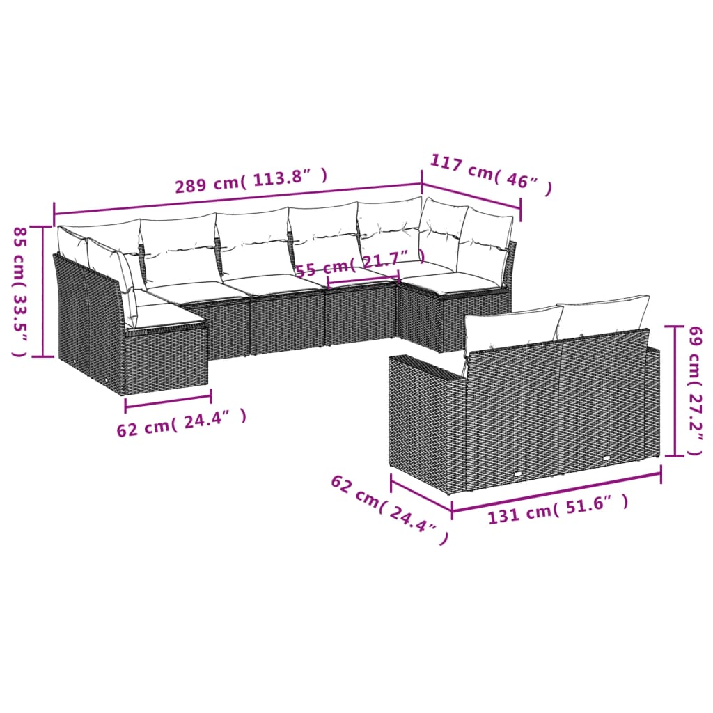 9 pcs conjunto de sofás p/ jardim com almofadões vime PE bege