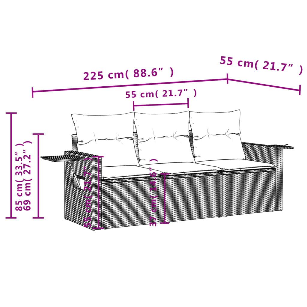 3 pcs conjunto sofás de jardim c/ almofadões vime PE cinzento