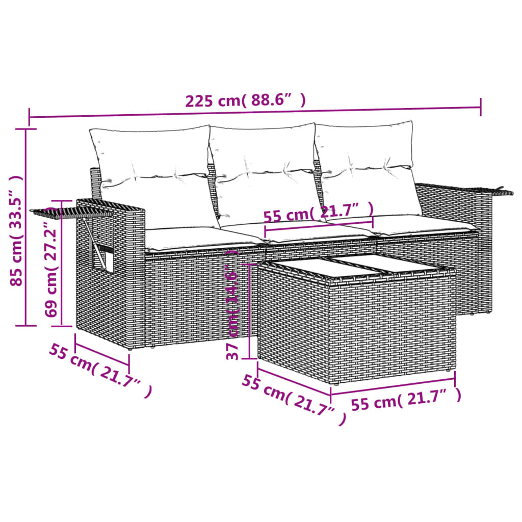 4 pcs conjunto de sofás para jardim c/ almofadões vime PE preto