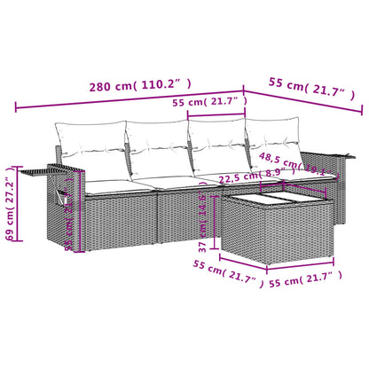 5 pcs conj. sofás jardim c/ almofadões vime PE cinzento-claro