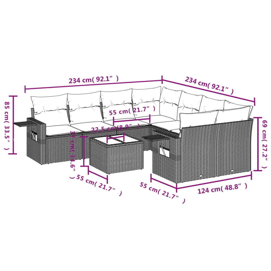 9 pcs conjunto de sofás p/ jardim c/ almofadões vime PE preto