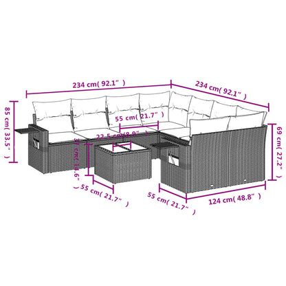 9 pcs conjunto de sofás p/ jardim c/ almofadões vime PE preto