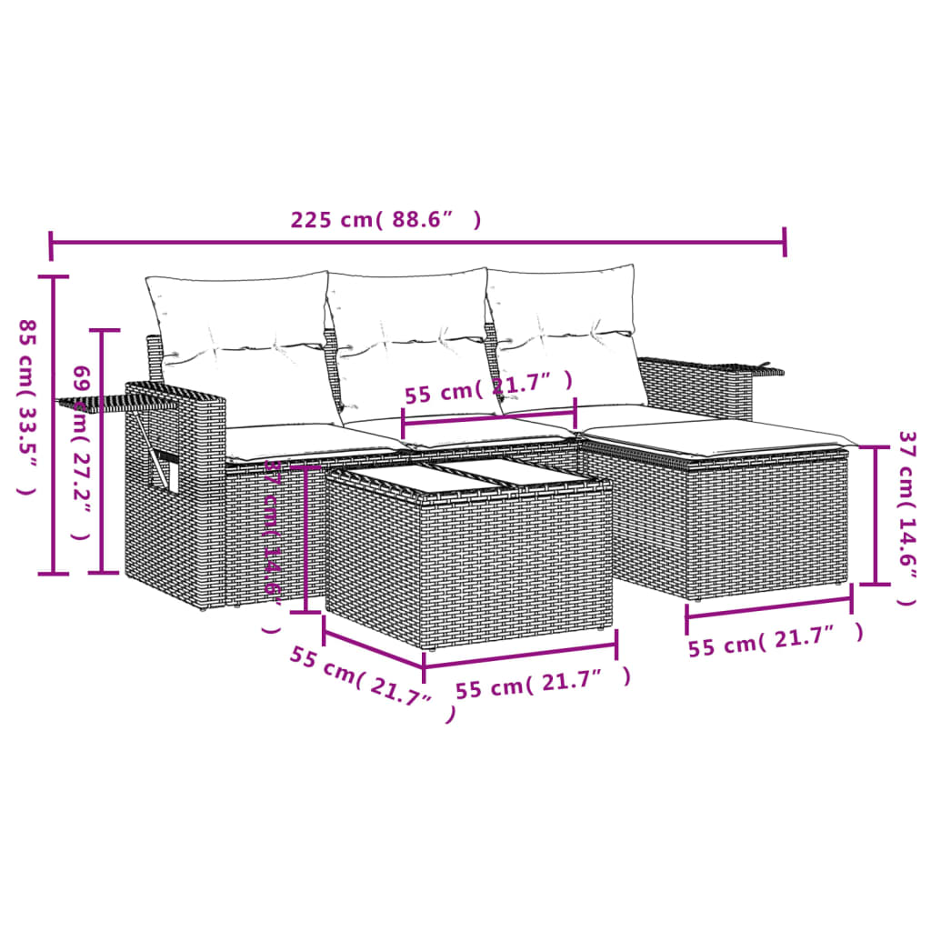 4 pcs conjunto sofás de jardim c/ almofadões vime PE cinzento