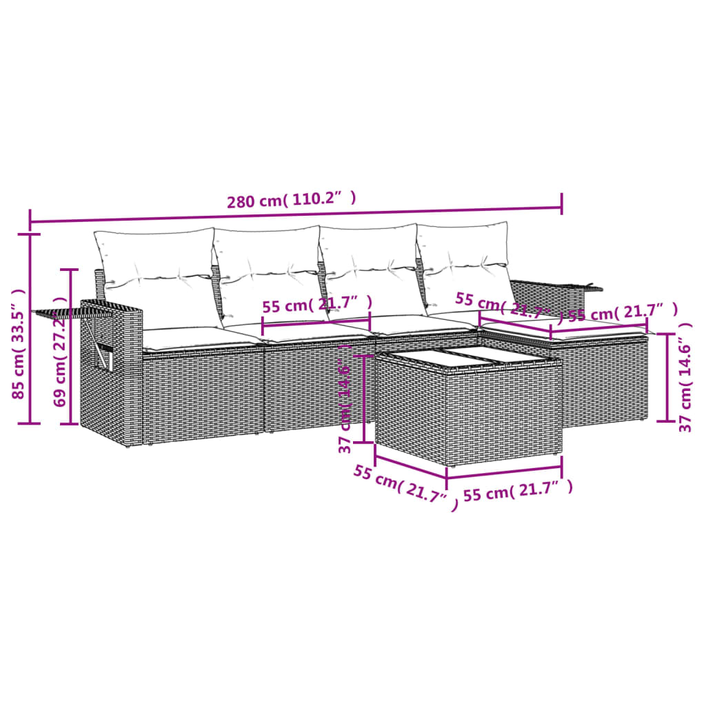 6 pcs conjunto sofás de jardim c/ almofadões vime PE preto