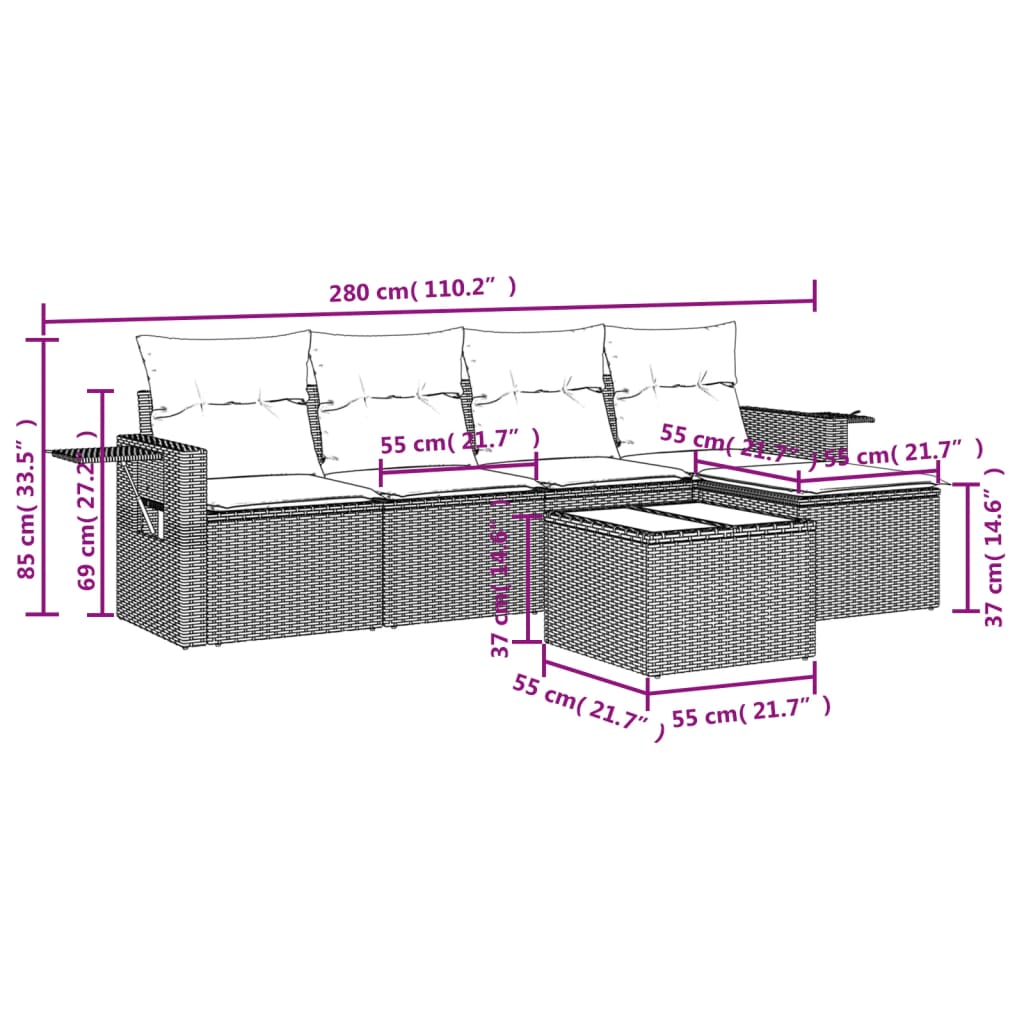 6 pcs conj. sofás jardim com almofadões vime PE cinzento-claro