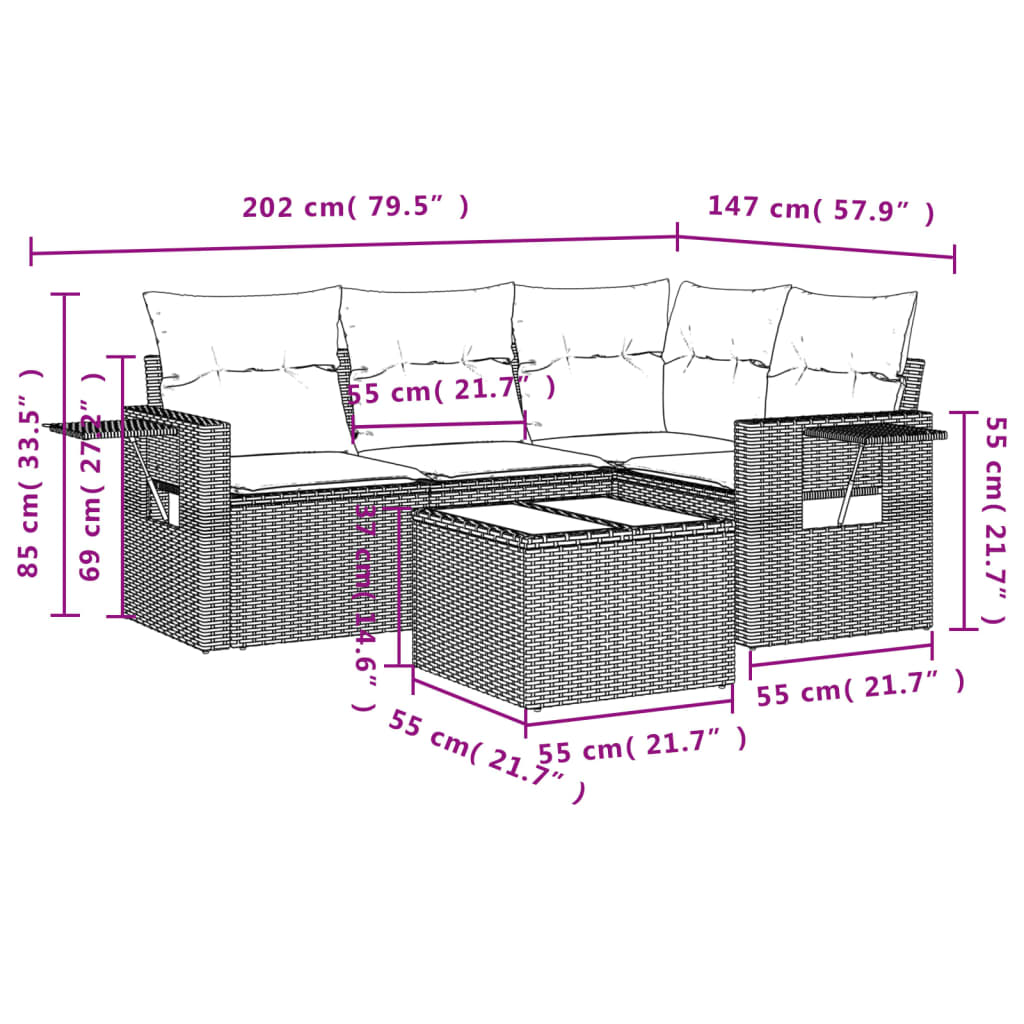 5 pcs conj. sofás jardim c/ almofadões vime PE cinzento-claro