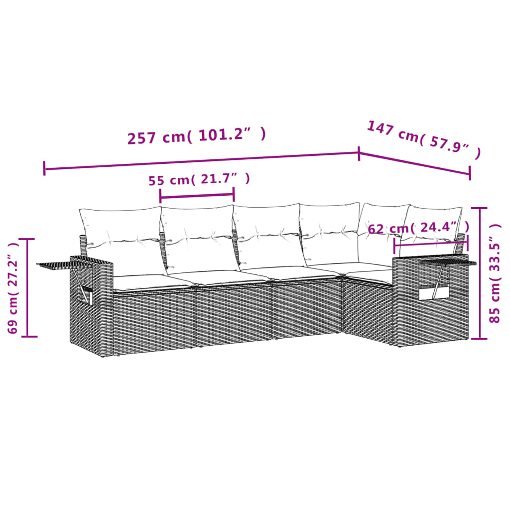 5 pcs conj. sofás jardim c/ almofadões vime PE cinzento-claro