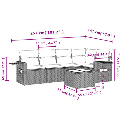 6 pcs conjunto sofás de jardim c/ almofadões vime PE preto