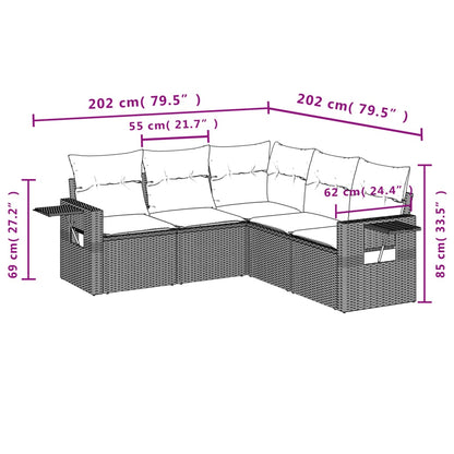 5 pcs conjunto sofás de jardim c/ almofadões vime PE cinzento