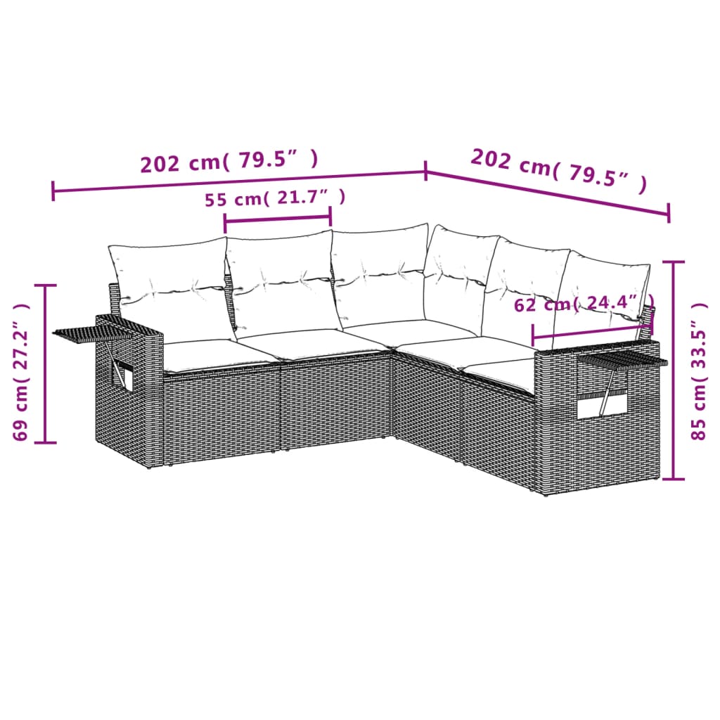 5 pcs conj. sofás jardim c/ almofadões vime PE cinzento-claro