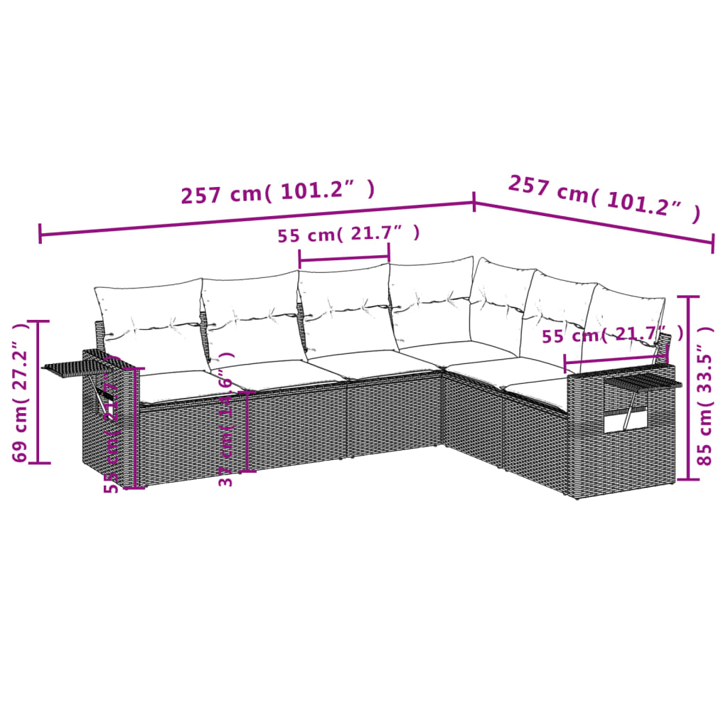 6 pcs conjunto sofás de jardim c/ almofadões vime PE preto