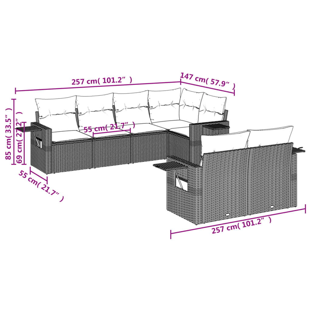 7 pcs conj. sofás jardim com almofadões vime PE cinzento-claro