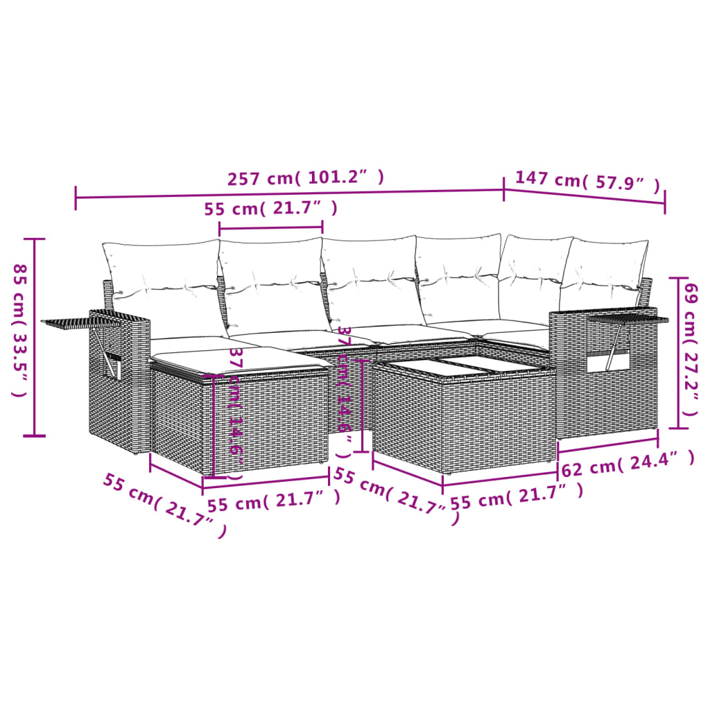 7 pcs conjunto de sofás p/ jardim c/ almofadões vime PE preto