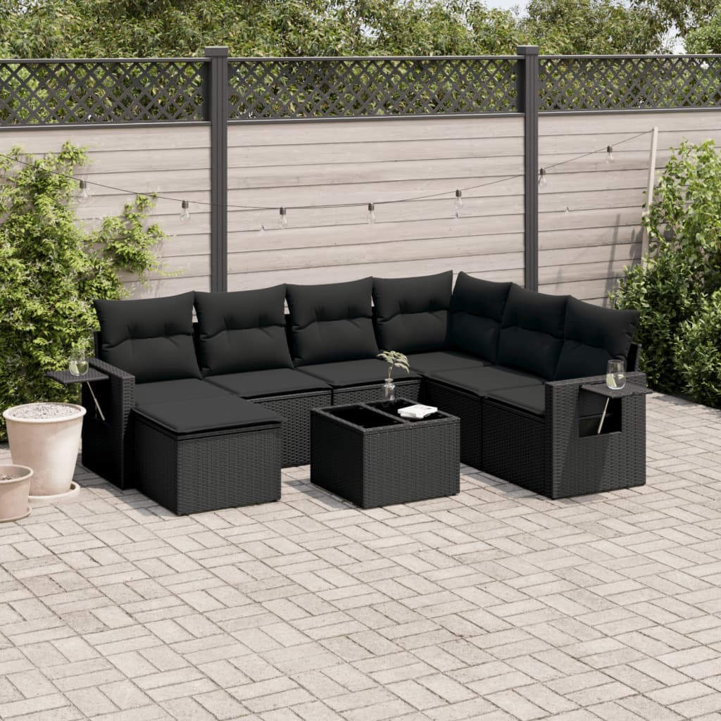 8 pcs conjunto sofás de jardim com almofadões vime PE preto