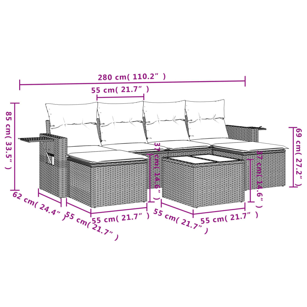 7 pcs conjunto de sofás p/ jardim c/ almofadões vime PE preto