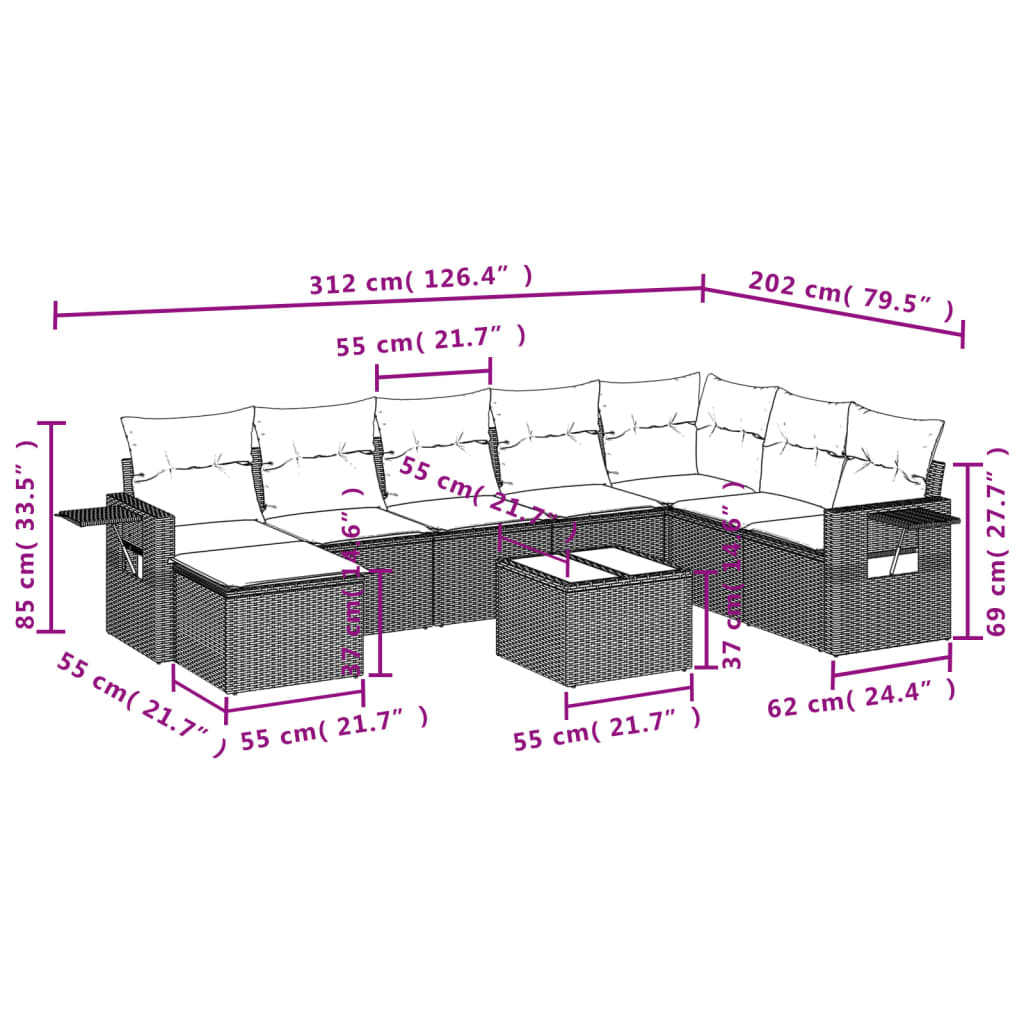 9 pcs conjunto de sofás p/ jardim c/ almofadões vime PE preto