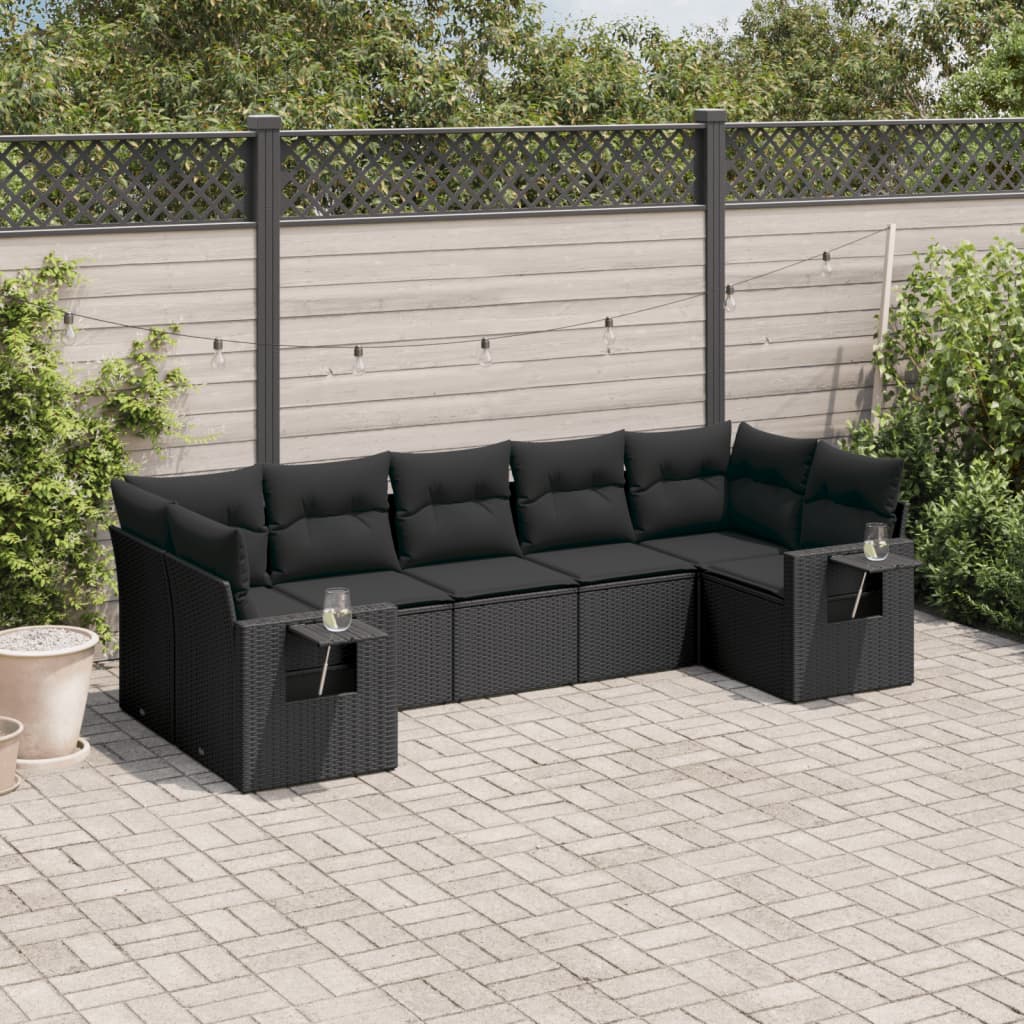 7 pcs conjunto de sofás p/ jardim c/ almofadões vime PE preto