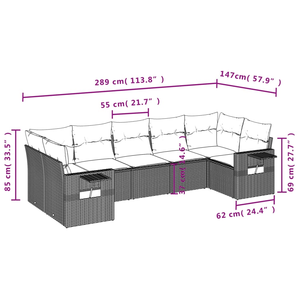 7 pcs conj. sofás jardim com almofadões vime PE cinzento-claro