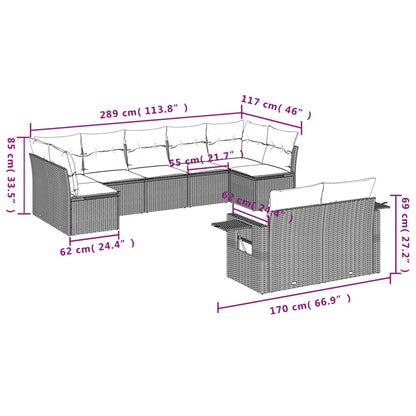 9 pcs conjunto de sofás p/ jardim c/ almofadões vime PE preto