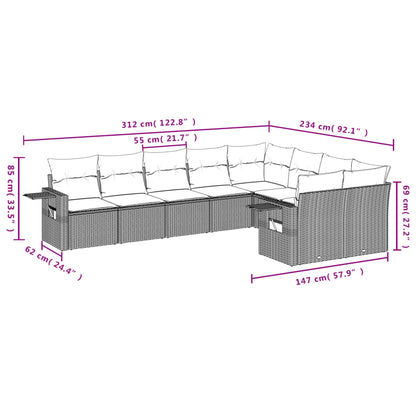 9 pcs conjunto sofás p/ jardim com almofadões vime PE cinzento