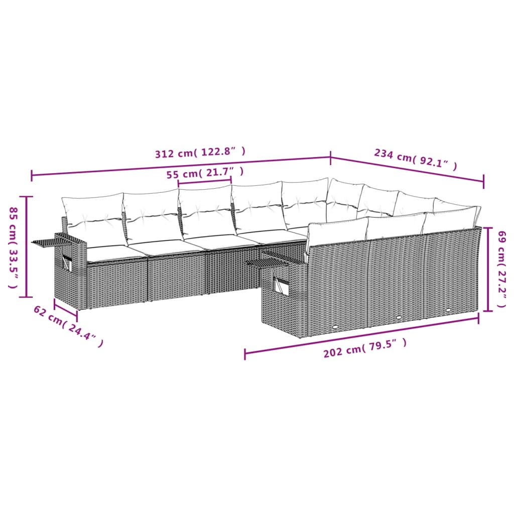 10 pcs conjunto sofás de jardim c/ almofadões vime PE cinzento