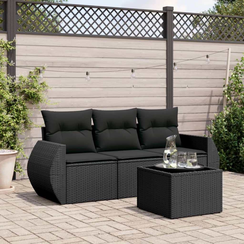 4 pcs conjunto de sofás para jardim c/ almofadões vime PE preto