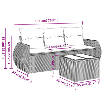 4 pcs conj. sofás jardim c/ almofadões vime PE cinzento-claro