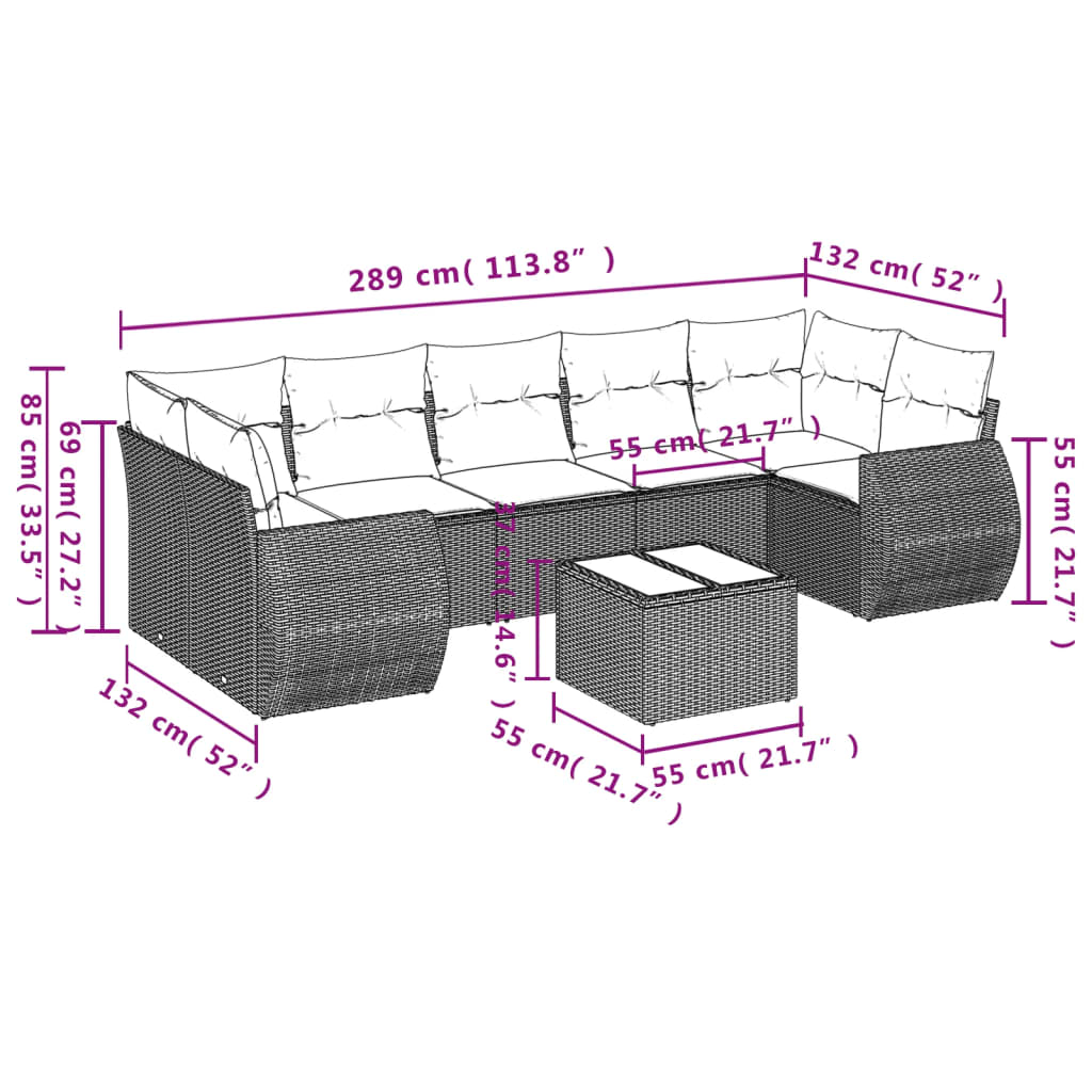 8 pcs conj. sofás jardim c/ almofadões vime PE cinzento-claro