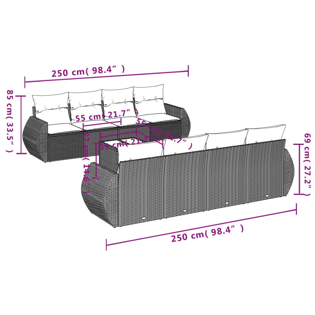 9 pcs conjunto de sofás p/ jardim c/ almofadões vime PE preto