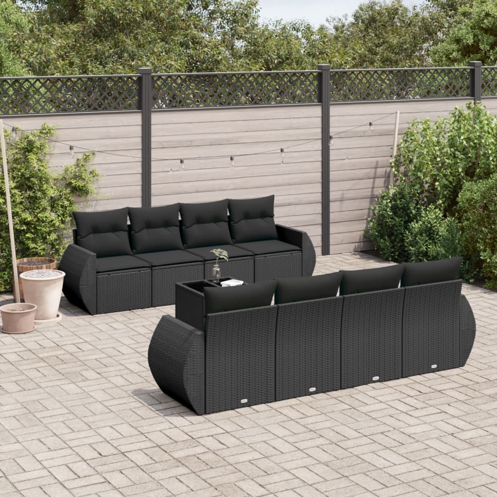 9 pcs conjunto de sofás p/ jardim c/ almofadões vime PE preto