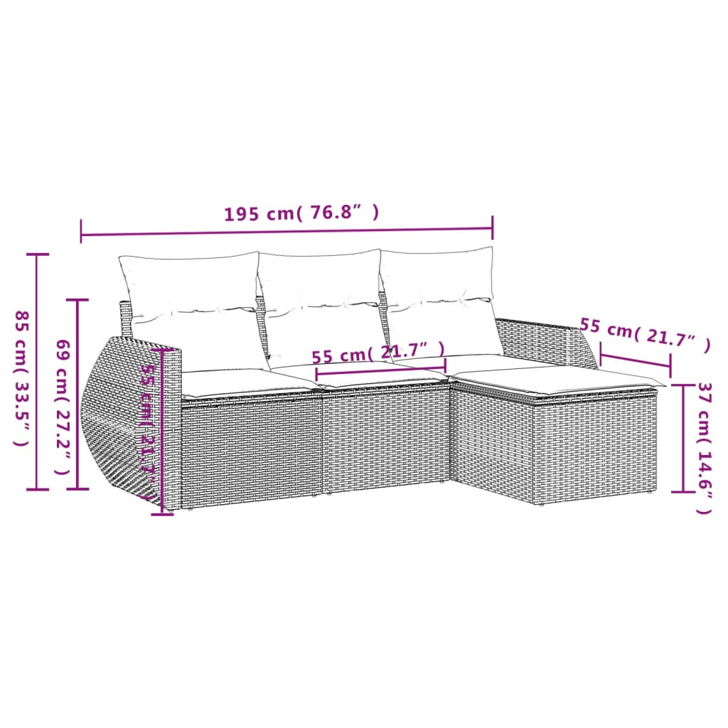 4 pcs conj. sofás jardim c/ almofadões vime PE cinzento-claro