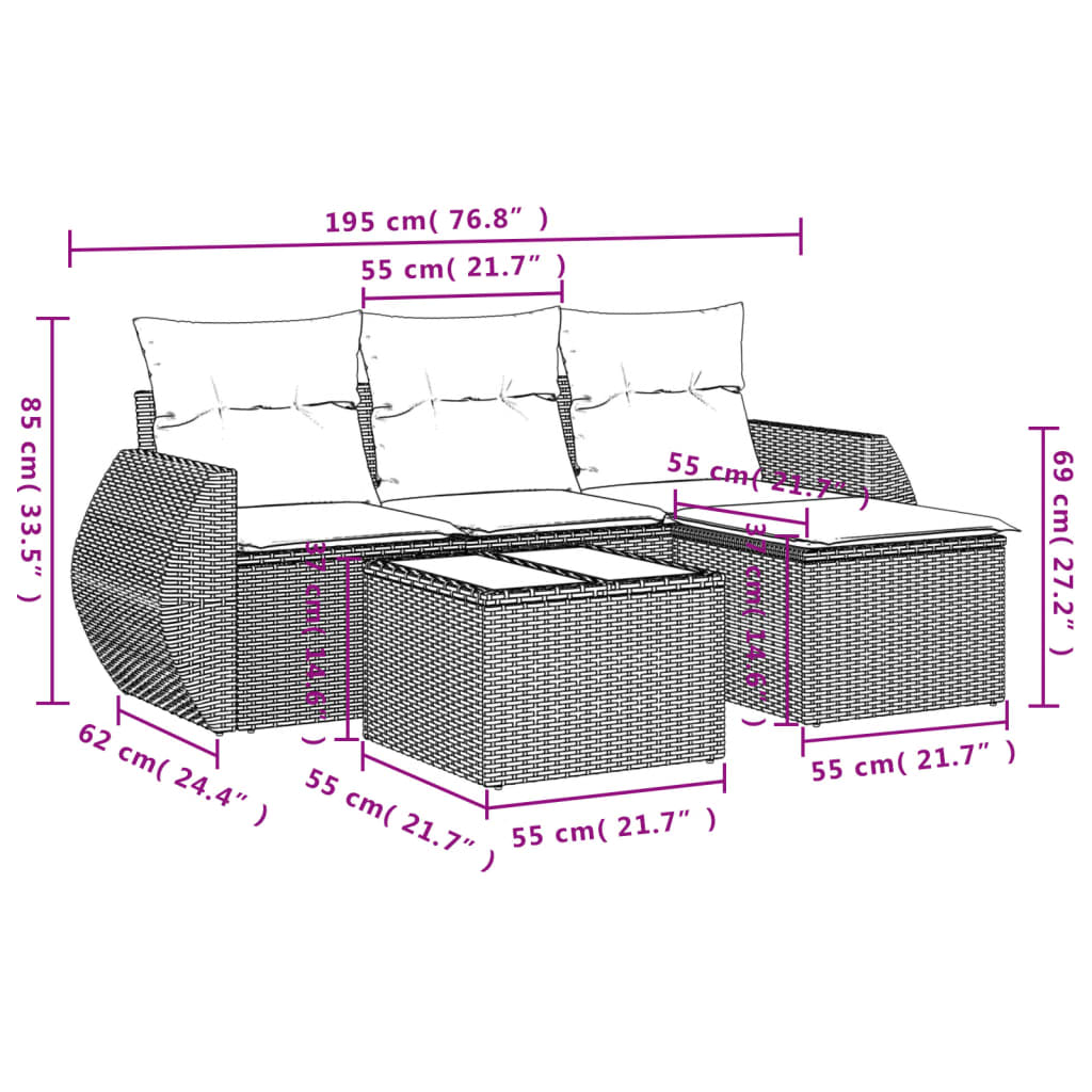 5 pcs conj. sofás jardim c/ almofadões vime PE cinzento-claro