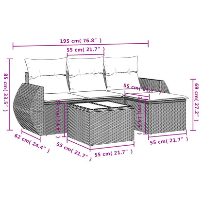 5 pcs conj. sofás jardim c/ almofadões vime PE cinzento-claro