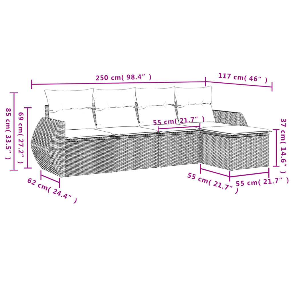 5 pcs conjunto sofás de jardim com almofadões vime PE preto