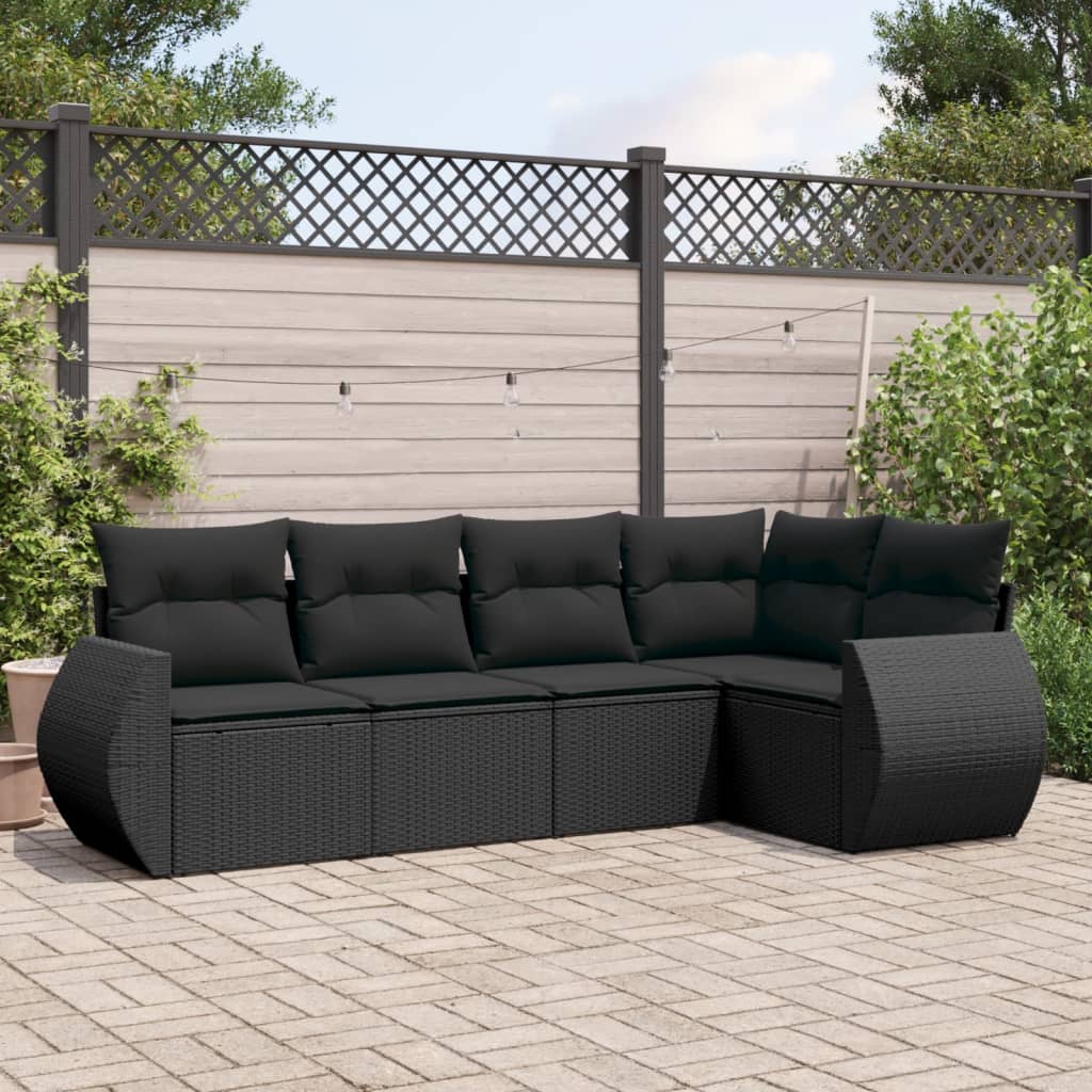 5 pcs conjunto sofás de jardim com almofadões vime PE preto