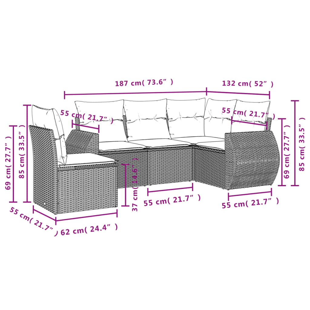 5 pcs conjunto sofás de jardim com almofadões vime PE preto