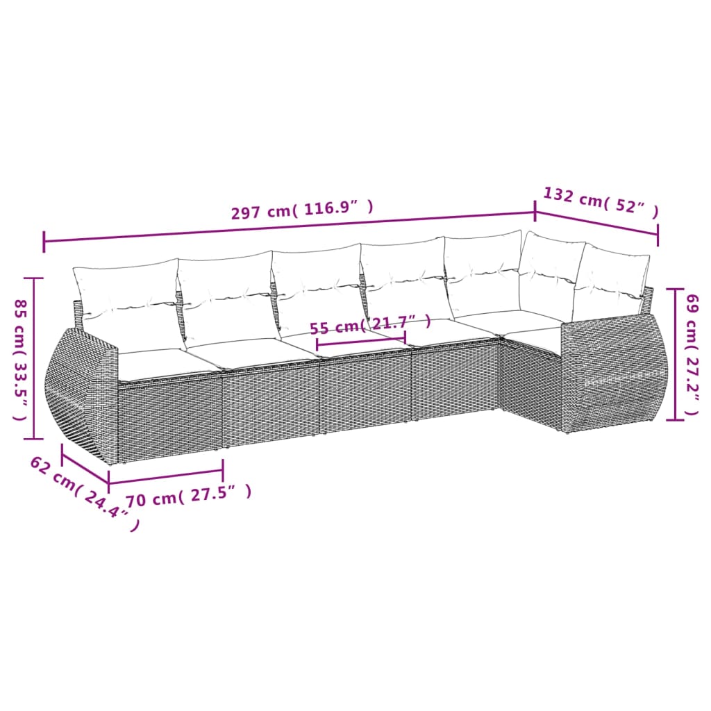 6 pcs conjunto de sofás p/ jardim com almofadões vime PE bege