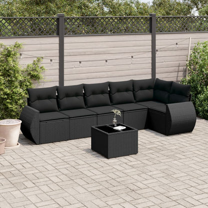 7 pcs conjunto de sofás p/ jardim c/ almofadões vime PE preto