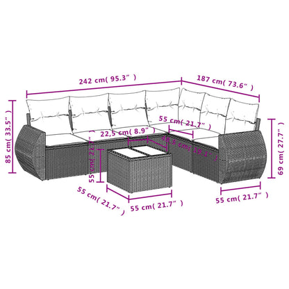 7 pcs conjunto de sofás p/ jardim c/ almofadões vime PE preto