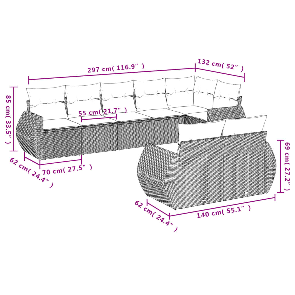 8 pcs conjunto de sofás p/ jardim com almofadões vime PE bege