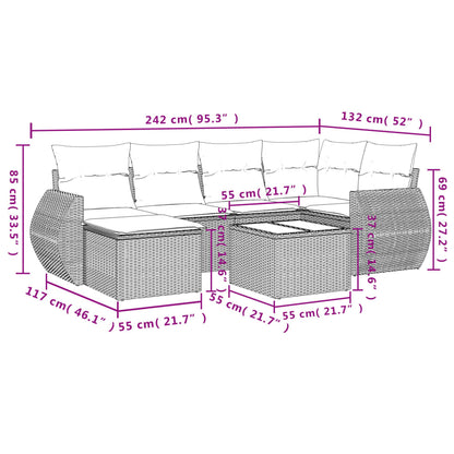 7 pcs conjunto de sofás p/ jardim c/ almofadões vime PE preto