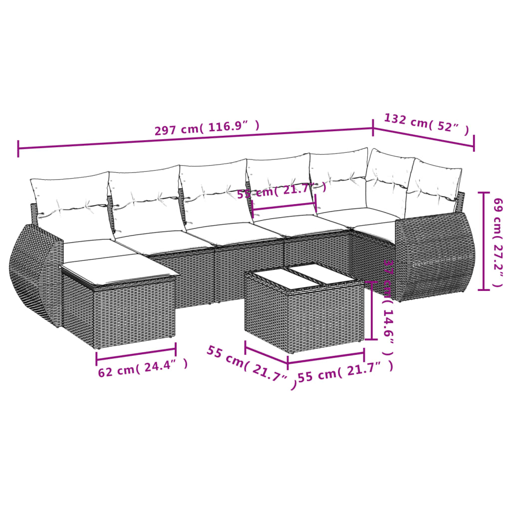 8 pcs conj. sofás jardim c/ almofadões vime PE cinzento-claro