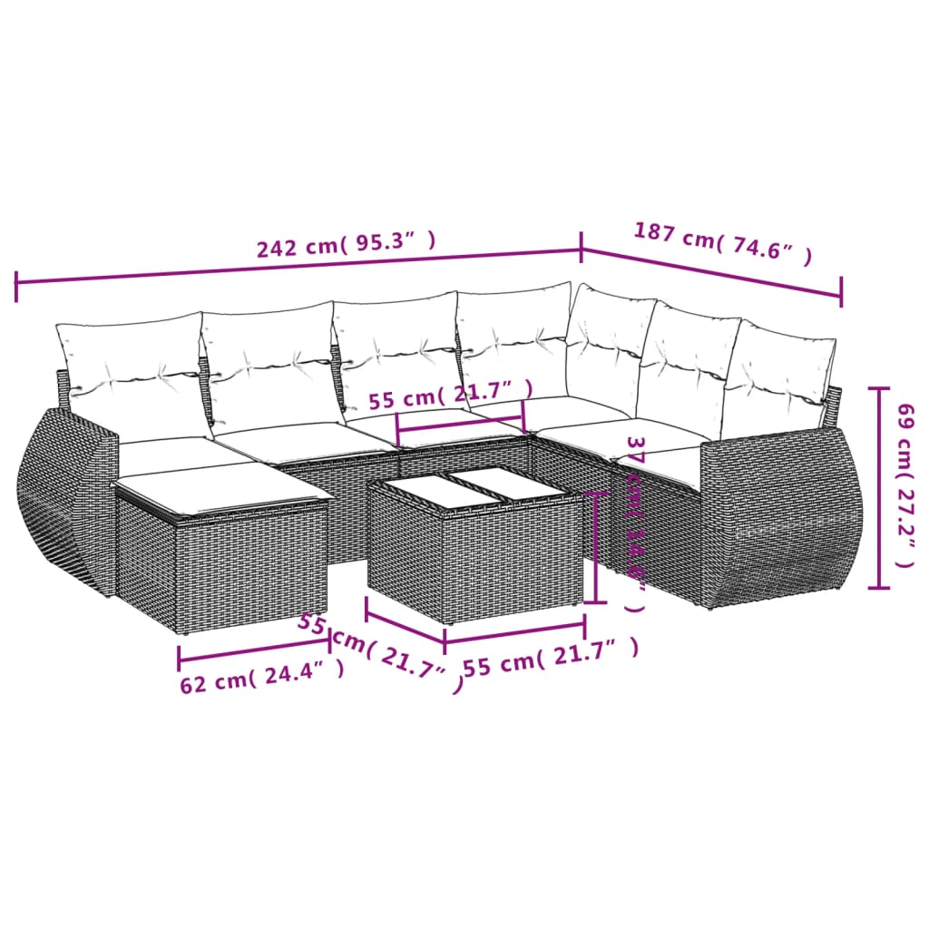 8 pcs conj. sofás jardim c/ almofadões vime PE cinzento-claro