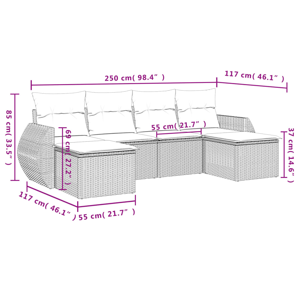 6 pcs conjunto sofás de jardim c/ almofadões vime PE preto