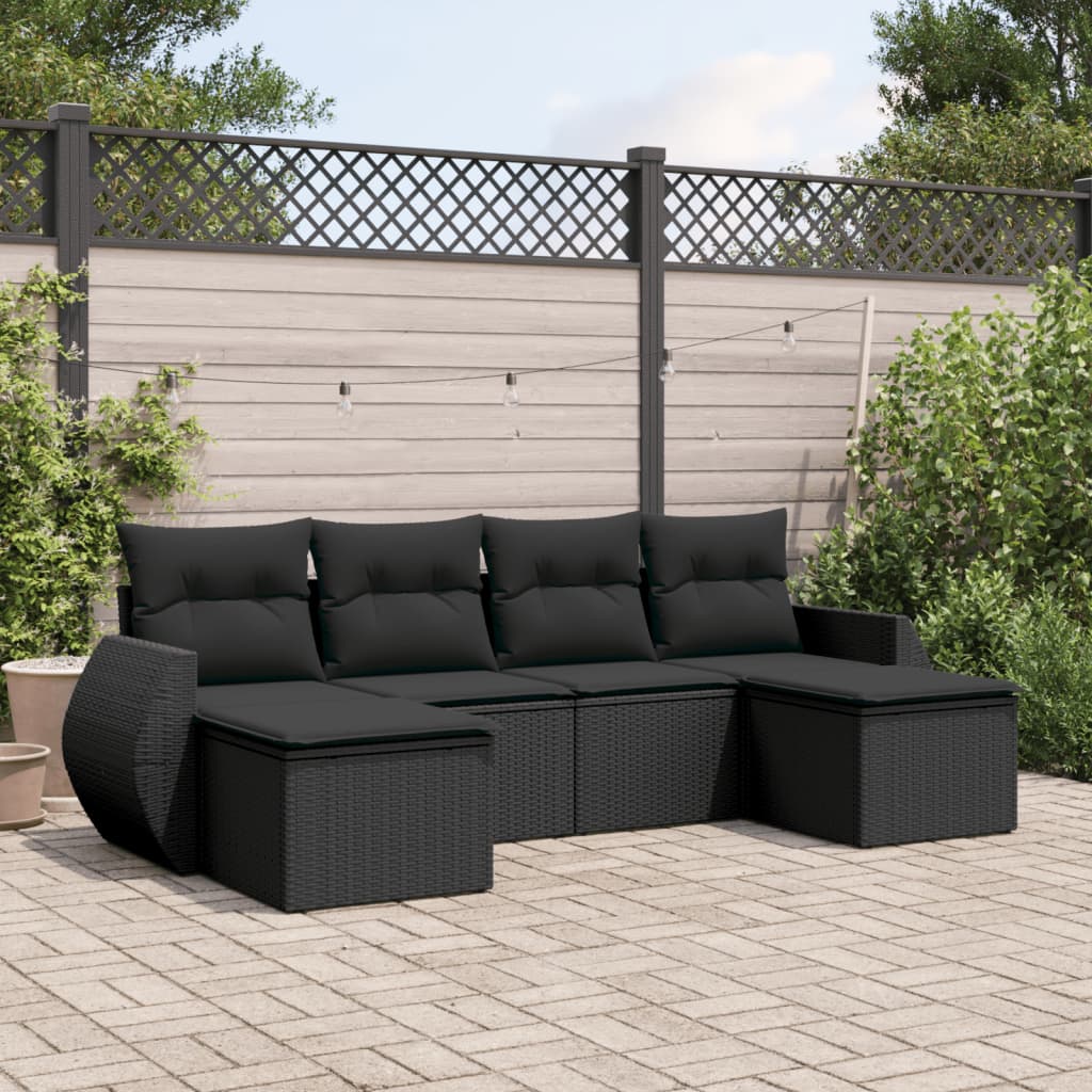 6 pcs conjunto sofás de jardim c/ almofadões vime PE preto