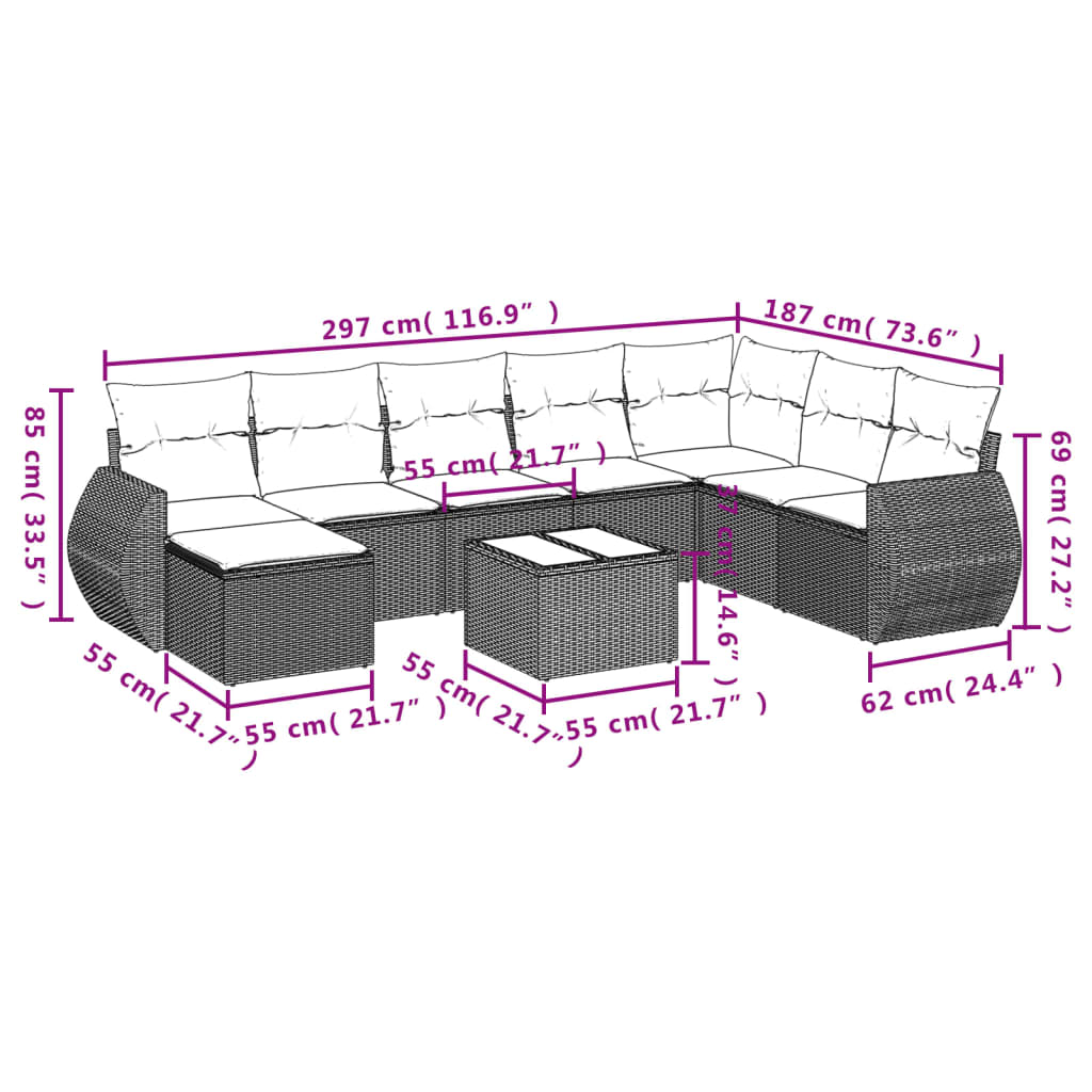 8 pcs conjunto de sofás p/ jardim com almofadões vime PE bege